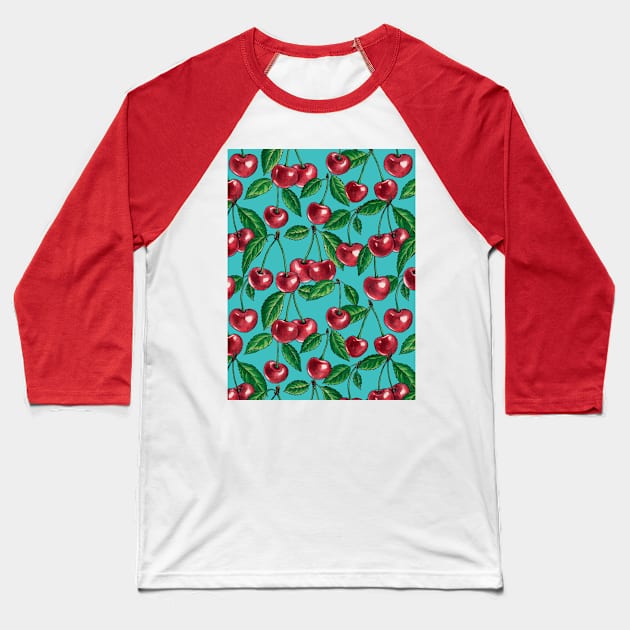 Red cherries on turquoise Baseball T-Shirt by katerinamk